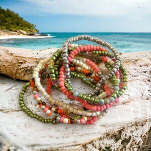 Stackable Green, Peach, and White Beaded Stretch Bracelets - Set of 10 - New